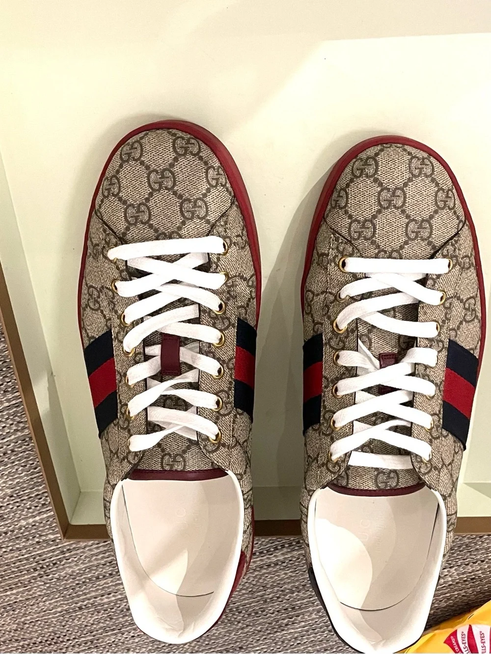 Gucci Beige GG Supreme Sneakers with Red & Navy Web